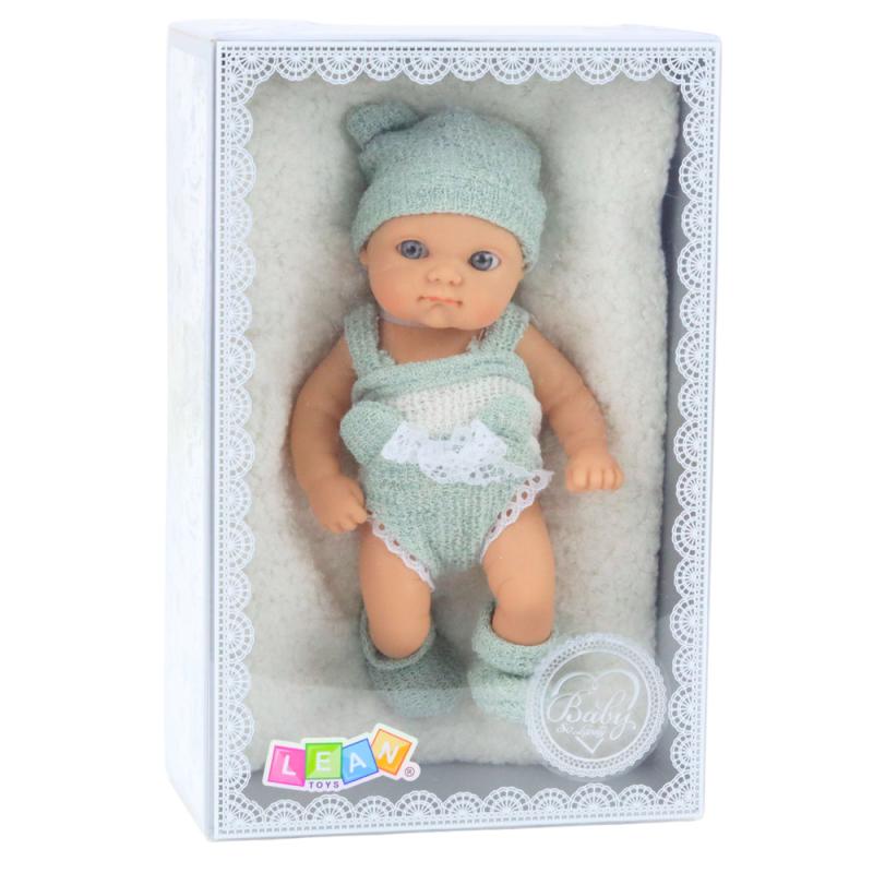 LALKA BOBAS NIEMOWLAK Z KOCYKIEM BIAŁO-SZARE UBRANKO CZAPECZKA 18CM