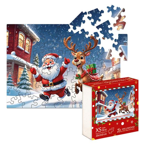 PUZZLE DREWNIANE 50 CHRISTMAS MIKOŁAJ Z RENIFEREM # ŚWIĘTA