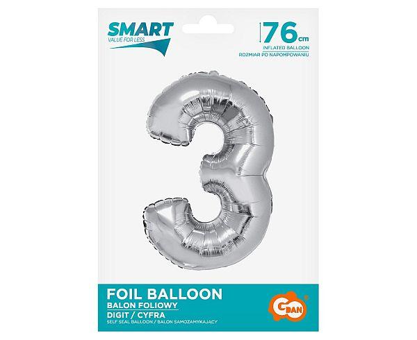 BALON FOLIOWY SMART CYFRA 3 SREBRNA 76CM