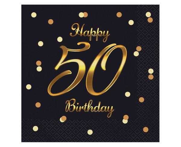 SERWETKI 33*33 HAPPY 50 BIRTHDAY CZARNE B&C ZŁOTY NADRUK