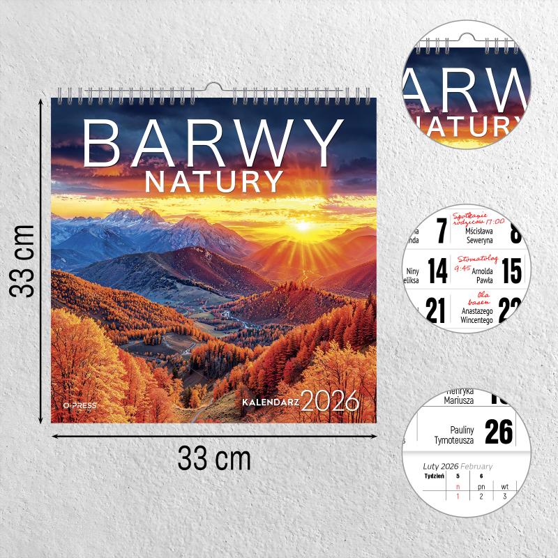 KALENDARZ ŚCIENNY 33X33 BARWY NATURY AREX SPIRALA