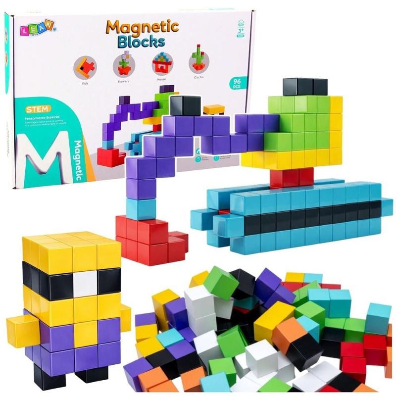 KLOCKI MAGNETYCZNE KONSTRUKCYJNE KOSTKI BLOCZKI 3D KOLOROWE 96 ELEMENTÓW