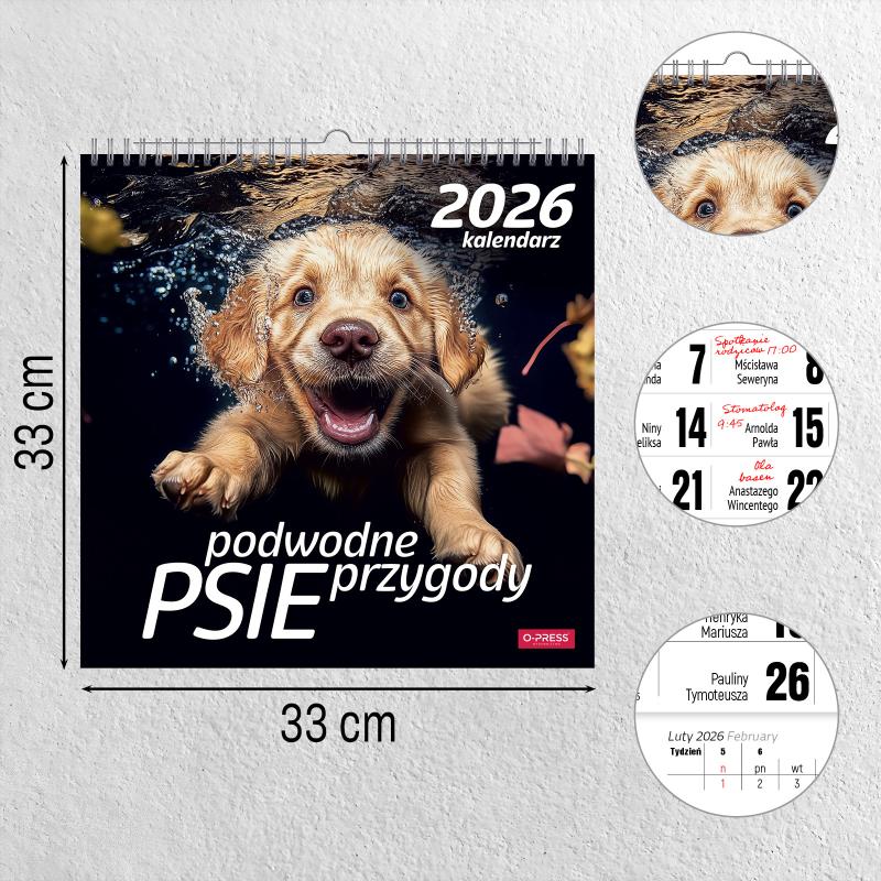 KALENDARZ ŚCIENNY 33X33 PSY AREX SPIRALA PODWODNE PRZYGODY