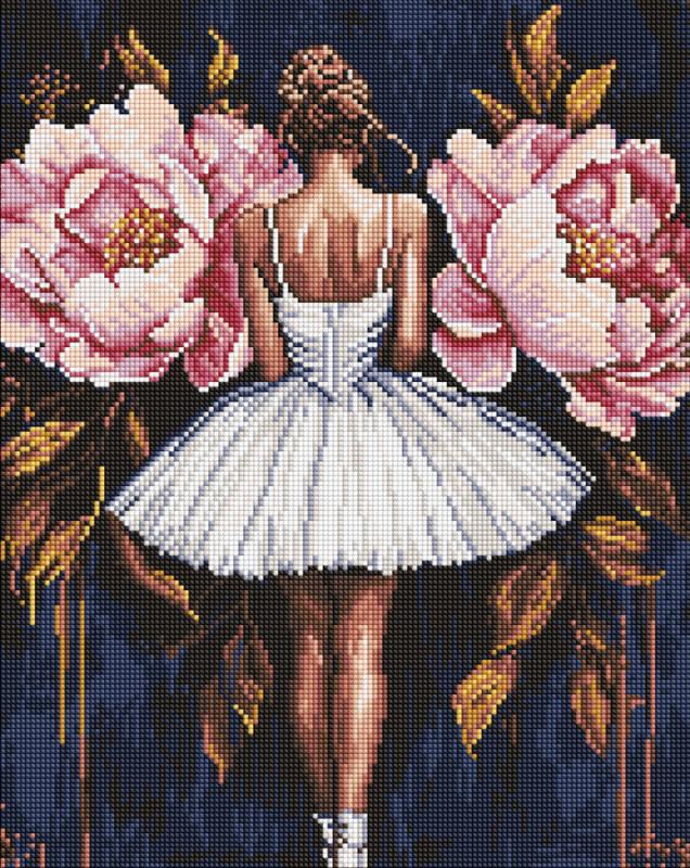 ZESTAW DO MOZAIKI DIAMENTOWEJ BALETNICA Z RÓŻOWYMI PIWONIAMI 40X50 CM