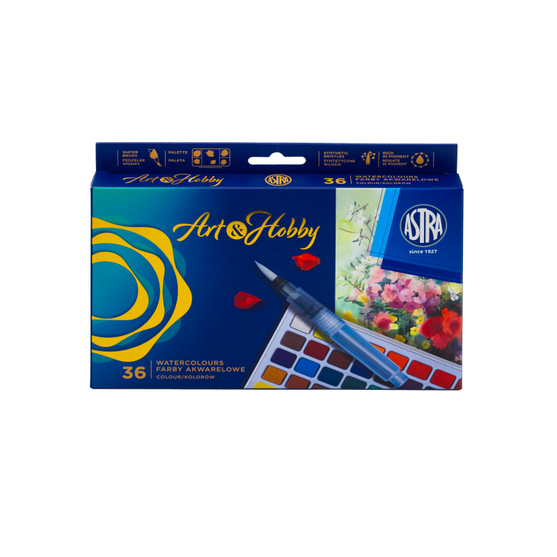 ZESTAW FARB AKWARELOWYCH ART&HOBBY 36 KOL. Z PĘDZELKIEM WODNYM I PALETKĄ