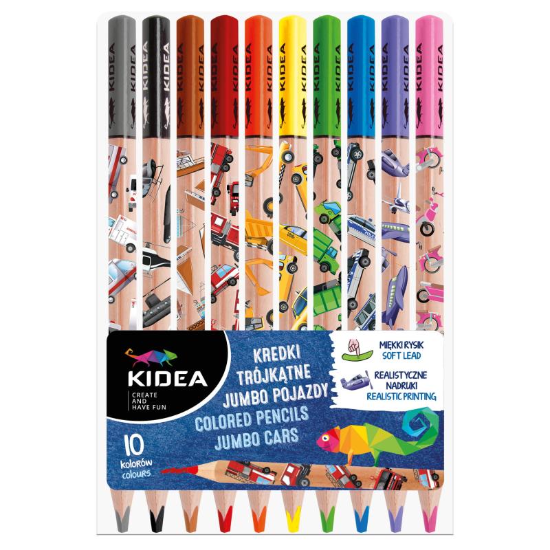 KREDKI TRÓJKĄTNE JUMBO POJAZDY 10 KOLORÓW KIDEA