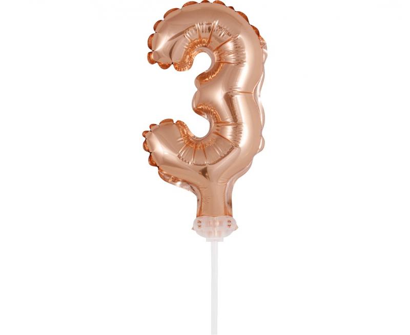 BALON FOLIOWY NA PATYCZKU 13CM CYFRA 3 RÓŻOWO-ZŁOTA