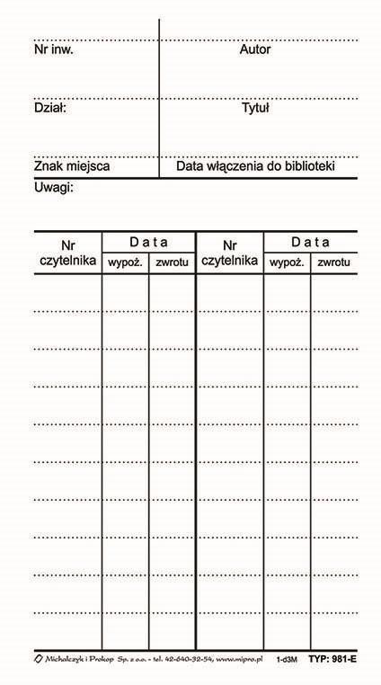 DRUK M KARTA KSIĄŻKI /1 KPL=50 SZT/