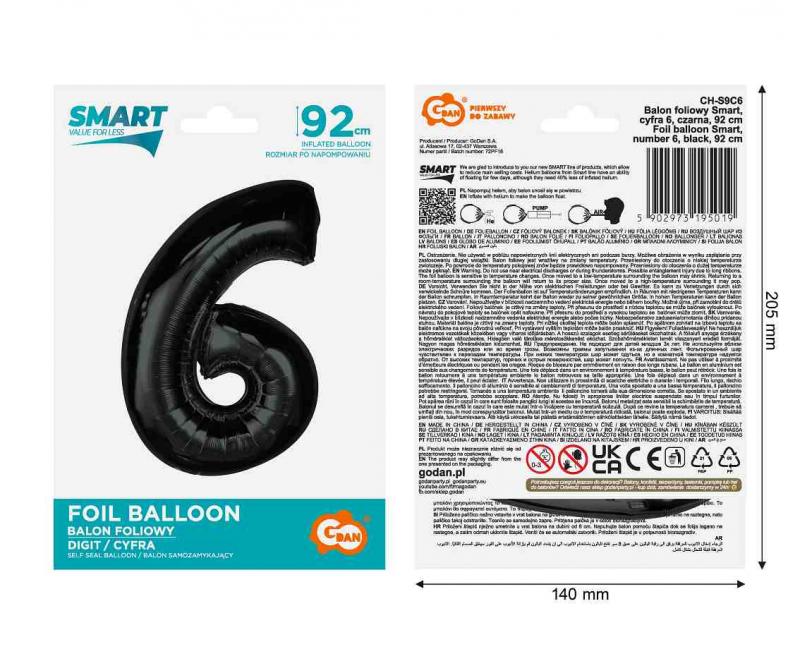 BALON FOLIOWY SMART, CYFRA 6, CZARNA, 92 cm