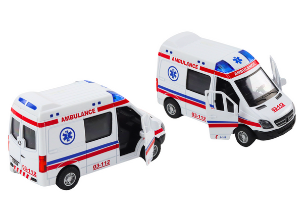 AMBULANS KARETKA 1:32 OTWIERANE DRZWI ŚWIATŁA DŹWIĘKI NAPĘD BIAŁA