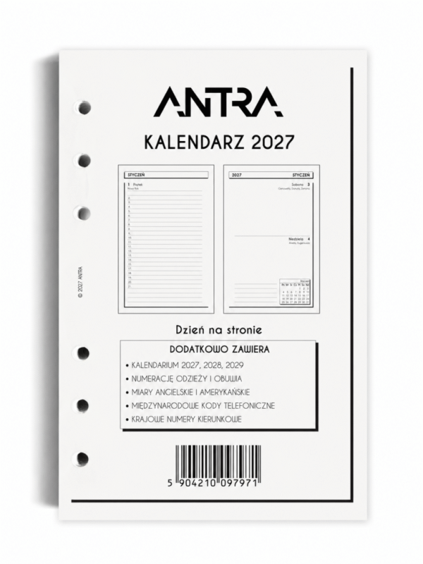 WKŁAD KALENDARZOWY 2027 A5 DNS (DZIEŃ NA STRONIE, BIAŁE KARTKI)