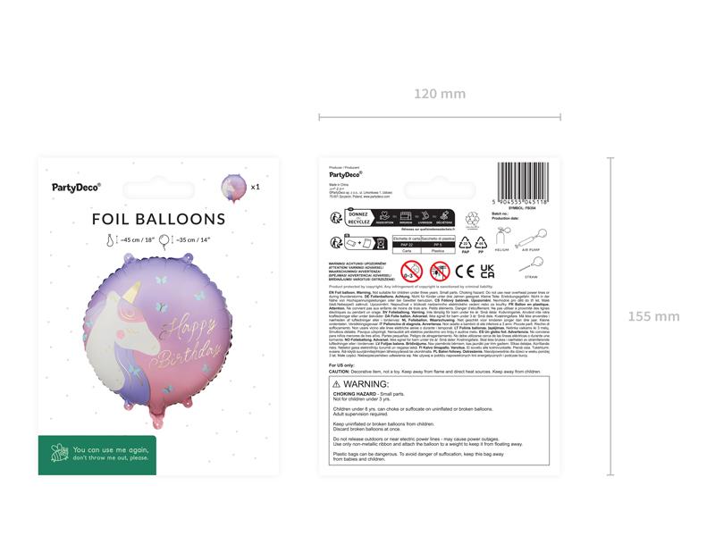 BALON FOLIOWY PASTYLKA HAPPY BIRTHDAY Z JEDNOROŻCEM 35X35CM MIX