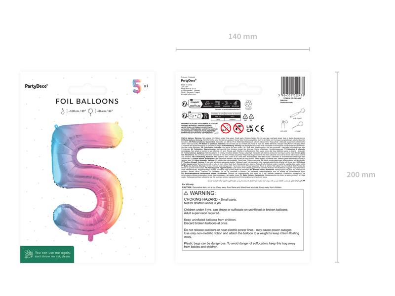 BALON FOLIOWY 5 86CM PASTELOWY TĘCZOWY