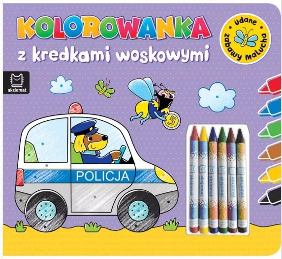 KSIĄŻECZKA KOLOROWANKA Z KREDKAMI WOSKOWYMI.PIERWSZE ZABAWY MALUCHA.KSIĄŻ.FIOLETOWA