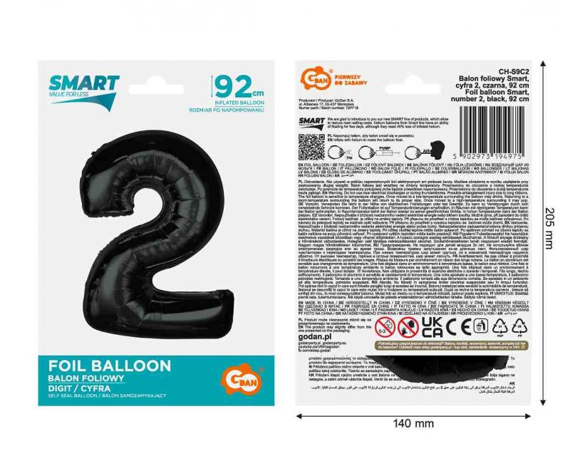 BALON FOLIOWY SMART, CYFRA 2, CZARNA, 92 cm