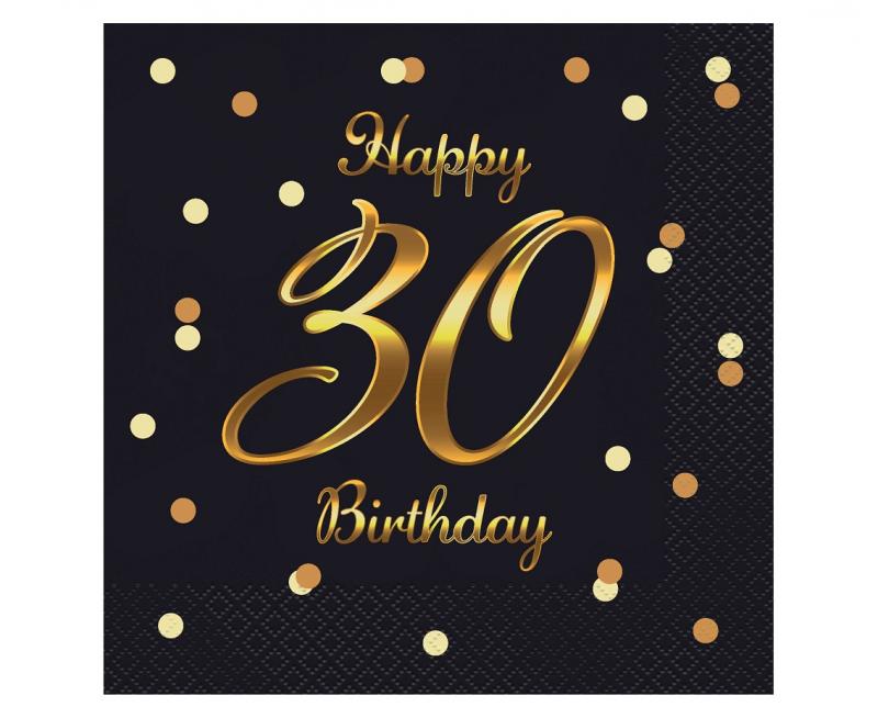 SERWETKI 33*33 HAPPY 30 BIRTHDAY CZARNE B&C ZŁOTY NADRUK
