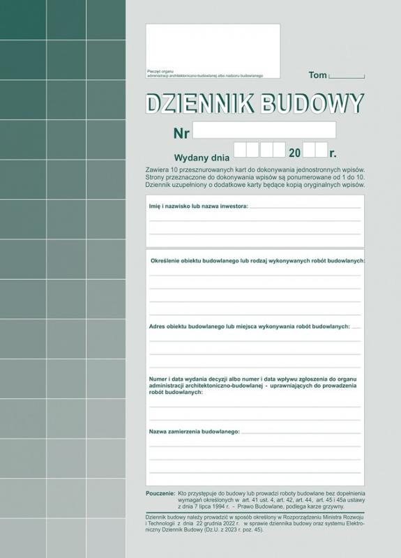 DRUK M DZIENNIK BUDOWY A4 10KPL. ORYGINAŁ+KOPIA NOWY