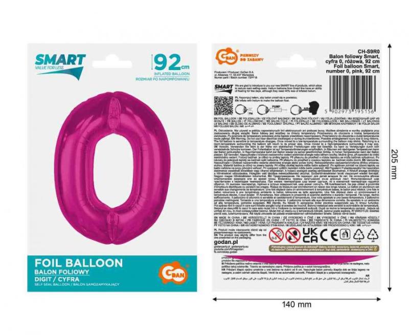 BALON FOLIOWY SMART CYFRA 0 RÓŻOWA 92CM