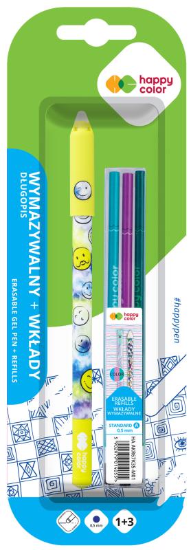 DŁUGOPIS WYMAZYWALNY SMILE 0,5MM NIEBIESKI 1SZT.+3 WKŁADY BLISTERHAPPY COLOR