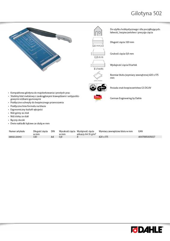 GILOTYNA 502-0.8MM,ILOŚĆ CIĘTYCH ARKUSZY 8 DŁ.320 MM(A4) DAHLE