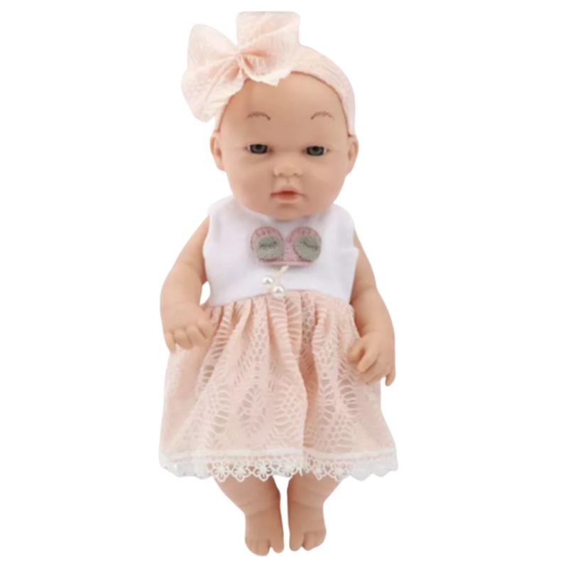 LALKA BOBAS W RÓŻOWEJ SUKIENCE OPASKA RUCHOME RĄCZKI NÓŻKI 30CM