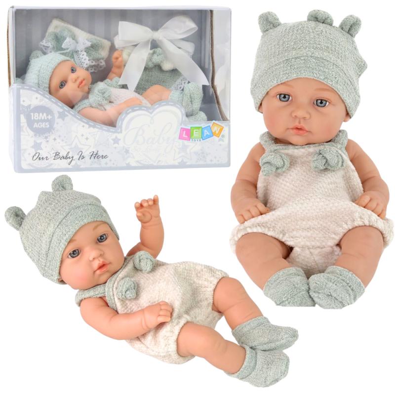 LALKA BOBAS NIEMOWLAK SZARE UBRANKO CZAPECZKA ŚLINIACZEK 18CM