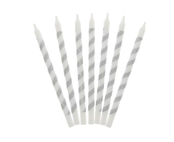 ŚWIECZKI URODZINOWE TWISTER BROKAT. SREBRNE 16CM
