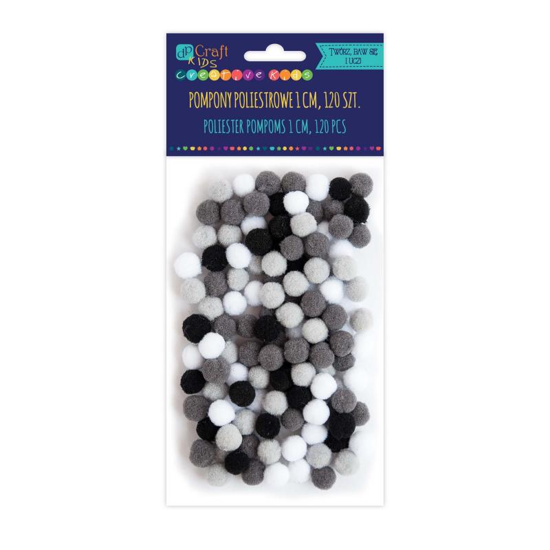 POMPONY POLIESTROWE 1CM MIX BIAŁO-CZARNY 120SZT