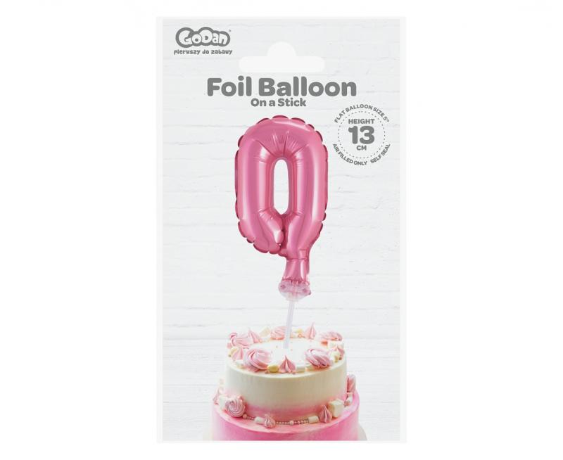 BALON FOLIOWY NA PATYCZKU 13CM CYFRA 0 RÓŻOWA