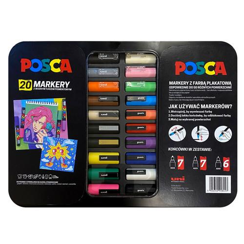 ZESTAW METALOWY CASE 20 SZT POSCA.,MIX KOL, PC-5M, PC-3M, PC-1M UNI