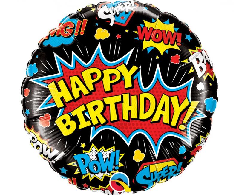 BALON FOLIOWY 18' QL CIR BIRTHDAY SUPER HERO, CZARNY