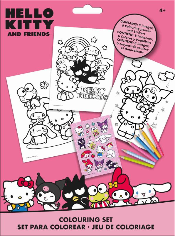 ZESTAW DO KOLOROWANIA: 6 KREDEK, 8 OBRAZKÓW, NAKLEJKI HELLO KITTY