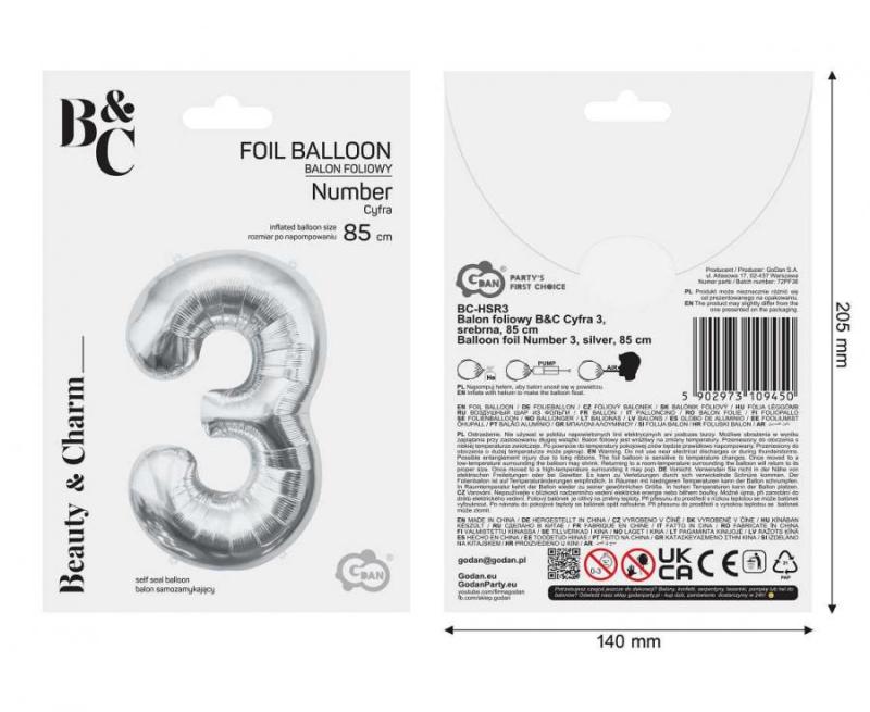 BALON FOLIOWY B&C CYFRA 3 SREBRNA 85CM