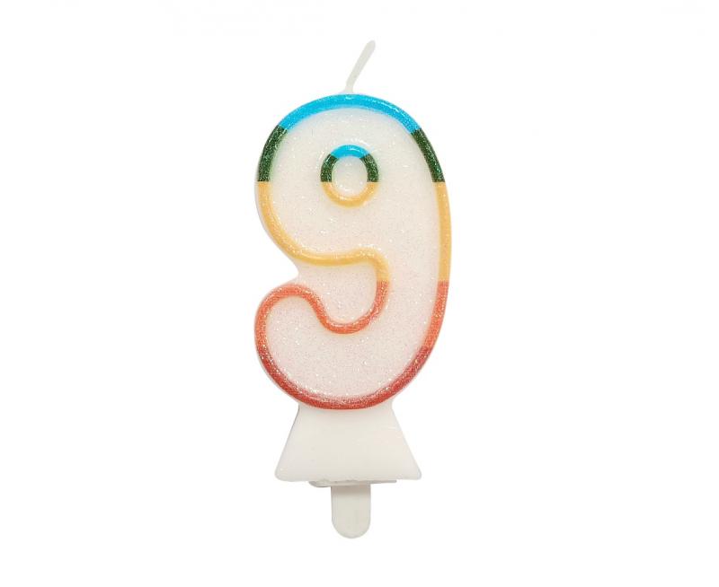 ŚWIECZKA CYFERKA 9 TĘCZOWA BROKAT 8,5CM