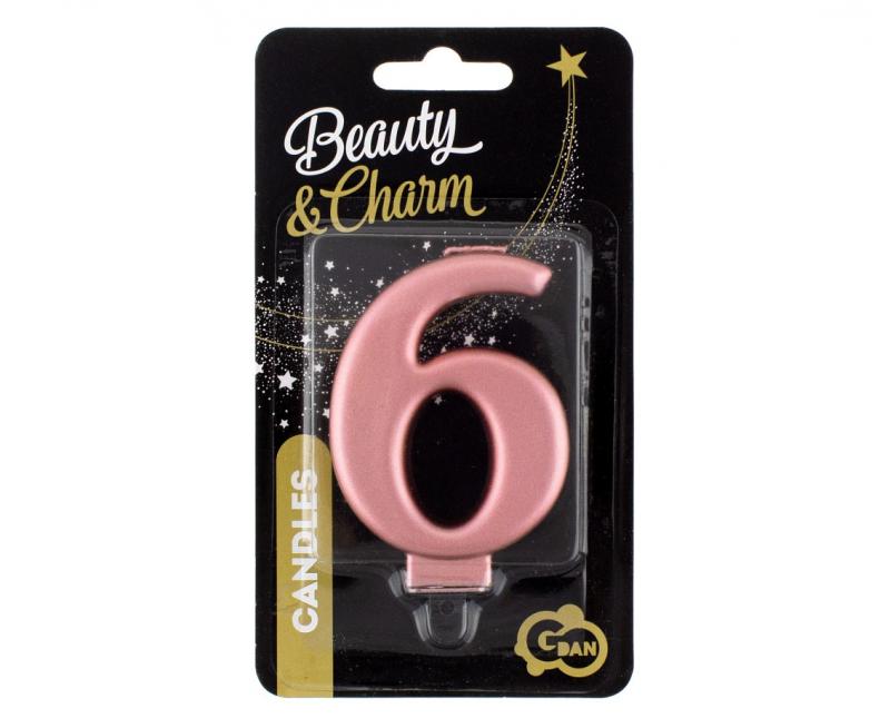 ŚWIECZKA CYFERKA 6 METALIK RÓŻOWO-ZŁOTA 8CM