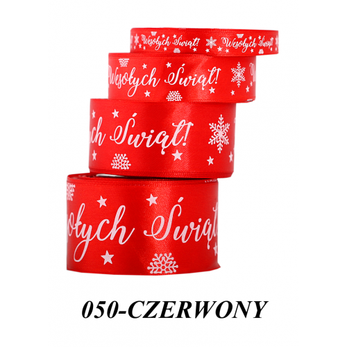 WSTĄŻKA SATYNOWA WESOŁYCH ŚWIĄT 25MM/22M CZERWONA