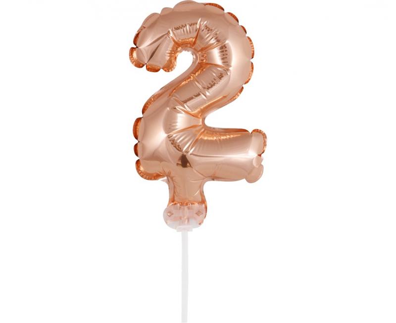BALON FOLIOWY NA PATYCZKU 13CM CYFRA 2 RÓŻOWO-ZŁOTA