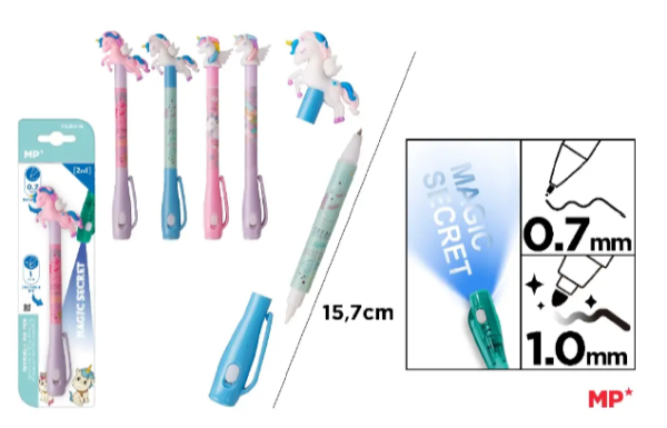 DŁUGOPIS SZPIEGOWSKI UV POWÓJNA KOŃCÓWKA MP 0.7/1.0 MM JEDNOROŻCE