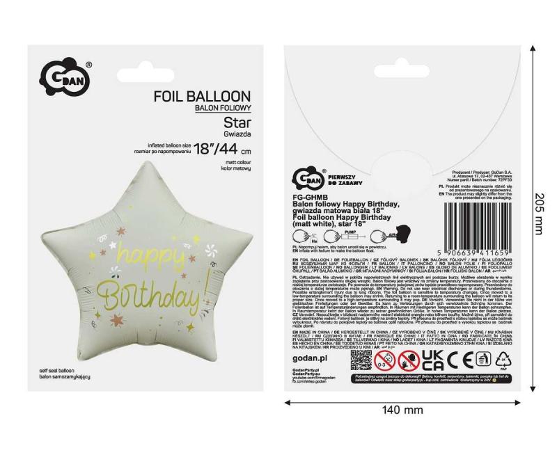 BALON FOLIOWY HAPPY BIRTHDAY GWIAZDA MATOWA BIAŁA