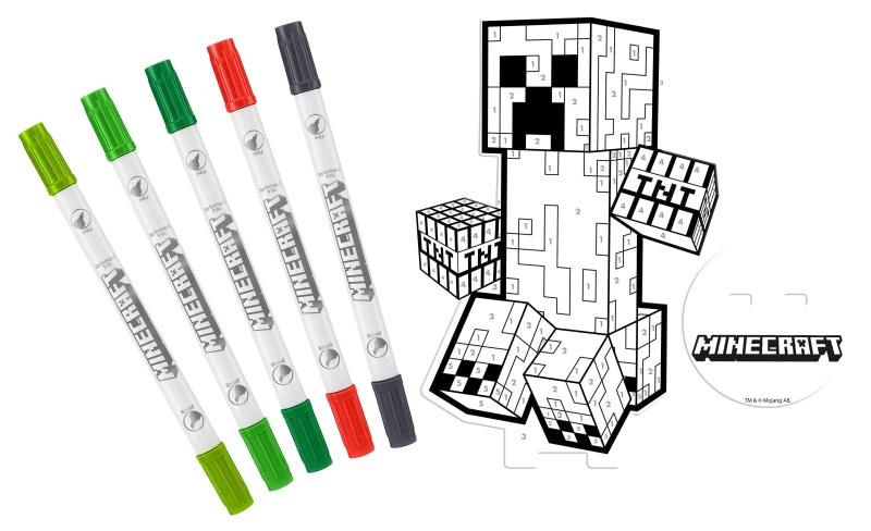 ZESTAW 5 FLAMASTRÓW + FIGURKA 2D MINECRAFT DO POKOLOROWANIA