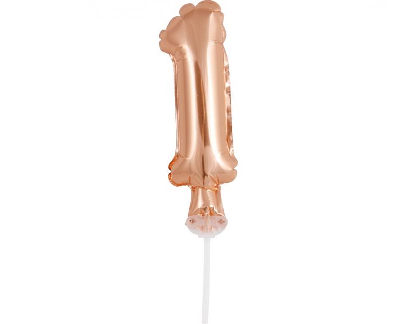 BALON FOLIOWY NA PATYCZKU 13CM CYFRA 1 RÓŻOWO-ZŁOTA