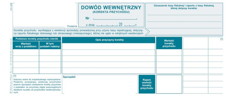 DRUK M DOWÓD WEWNĘTRZNY KOREKTA PRZYCHODU WYNIKAJĄCEGO Z RAPORTU FISKALNEGO 1/3 A4