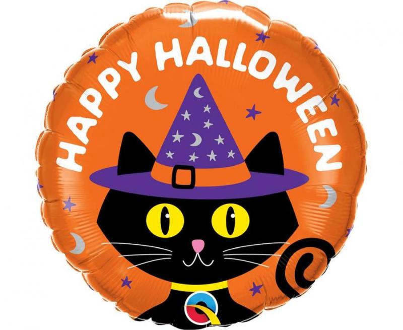 BALON FOLIOWY 18 CALI QL RND HAPPY HALOWEEN KOT W KAPELUSZU