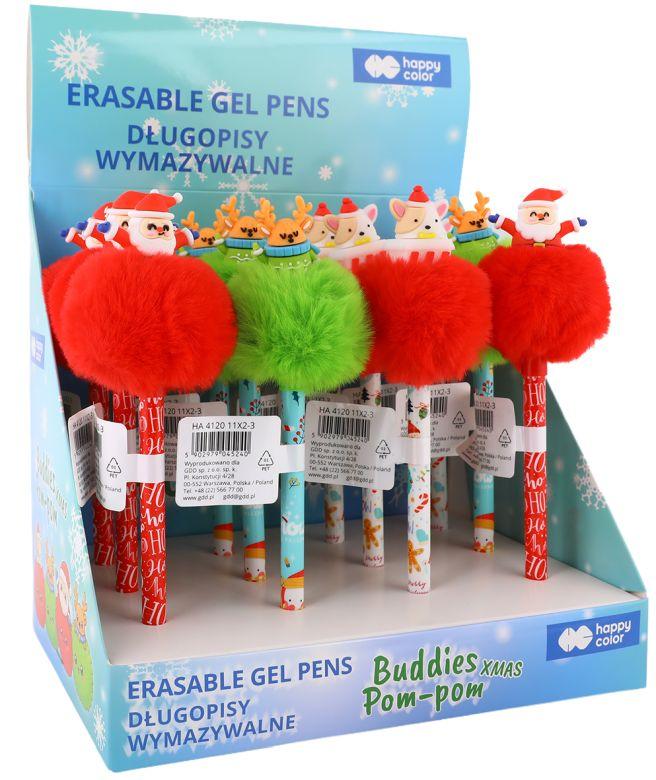DŁUGOPIS WYMAZYWALNY XMAS BUDDIES POMPOM 0.5MM NIEBIESKI HAPPY COLOR A/12