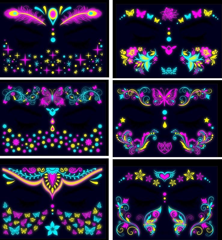 TATUAŻE NA PRZEDMIOT DO TWARZY ŚWIECĄCE W UV 15X10,5CM MIX WZORÓW