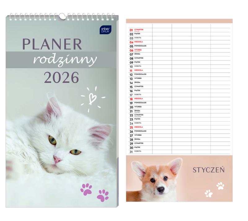KALENDARZ PLANER RODZINNY 25X43 ZWIERZAKI 2026